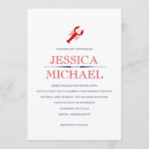 Invitación Boda de langosta rojo Navy tema náutico azul