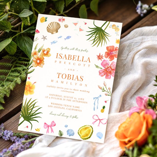 Invitación Boda de las conchas de las cuencas costeras tropic (Subido por el creador)