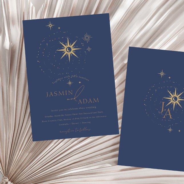 Invitación Boda de las Estrellas Azules de Oro Celeste y Mari (Celestial Gold and Navy Blue Stars Wedding Invitation)