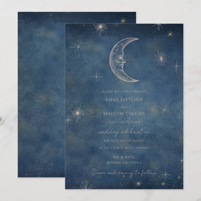 Invitación Boda de las estrellas celestes de la luna azul med (Anverso / Reverso)