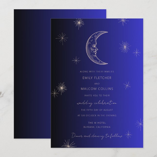 Invitación Boda de las estrellas celestes de la luna azul med (Anverso / Reverso)