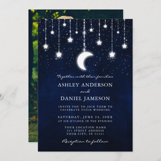 Invitación Boda de las estrellas celestes de la luna fotográf (Anverso / Reverso)