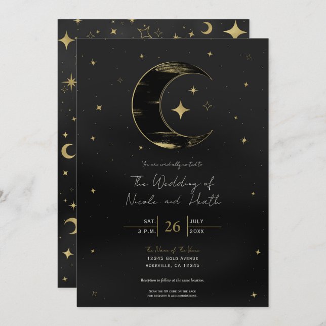 Invitación Boda de las estrellas de la luna celestial moderna (Anverso / Reverso)