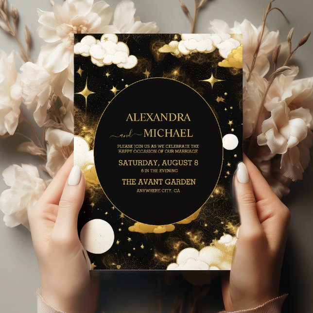Invitación Boda de las estrellas de luna mística del oro negr (Subido por el creador)