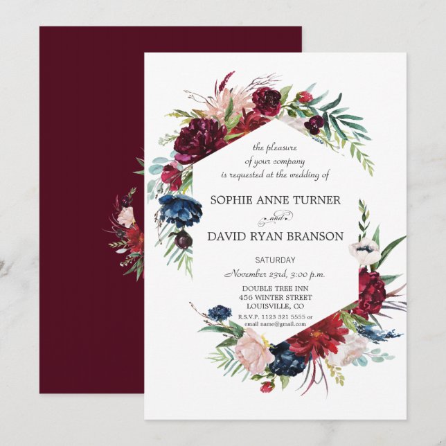 Invitación Boda de las Flores Azul Borgoña Jardín Whimsical (Anverso / Reverso)