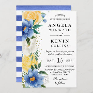 Invitación Boda de las flores azul y amarillo acuarela