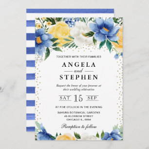 Invitación Boda de las flores azul y amarillo acuarela