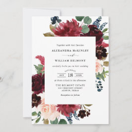 Invitación Boda de las flores azul y borgoña acuarela