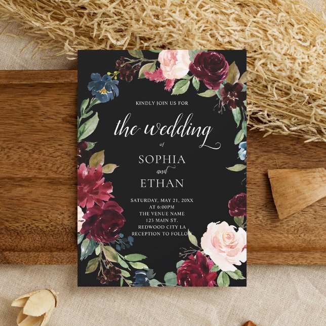 Invitación Boda de las flores azules de Boho Burgundy (Subido por el creador)