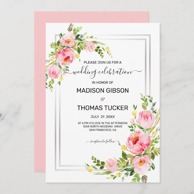 Invitación Boda de las flores color agua rosa (Anverso / Reverso)