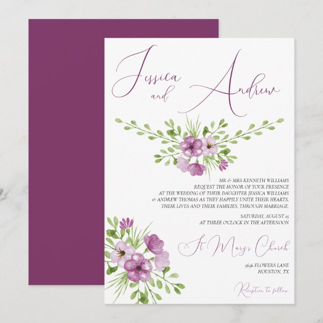 Invitación Boda de las flores de acuarela romántica (Anverso / Reverso)