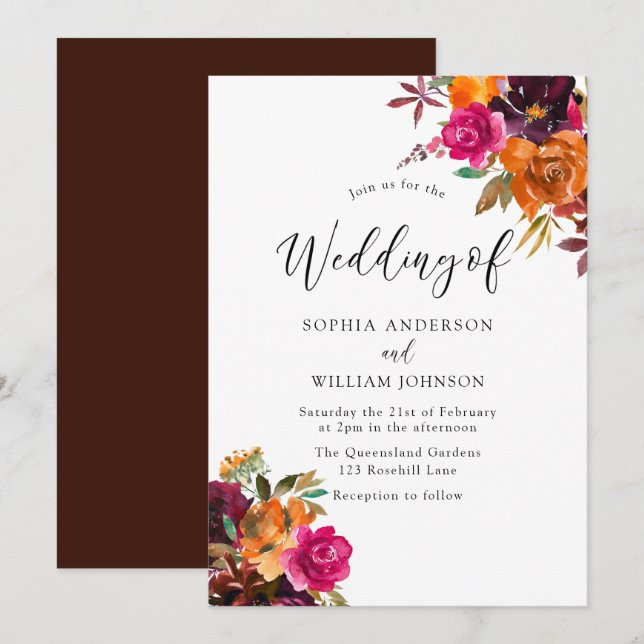 Invitación Boda de las Flores de Acuarela Rustic Otumn Fall (Anverso / Reverso)