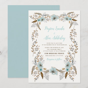 Invitación Boda de las flores de boho azul turquesa romántico