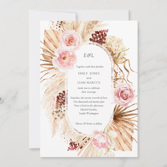 Invitación Boda de las flores de Boho Pampas (Anverso)