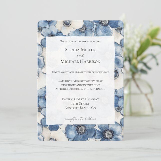 Invitación Boda de las flores de denim blanco azul (Anverso de pie)