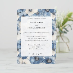 Invitación Boda de las flores de denim blanco azul