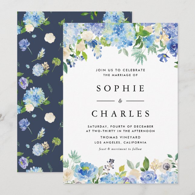 Invitación Boda de las flores de hidrangea azul acuarela (Anverso / Reverso)