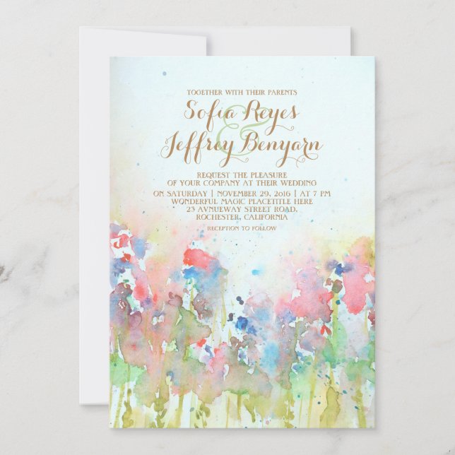 Invitación Boda de las flores de la pradera verde acuarela (Anverso)