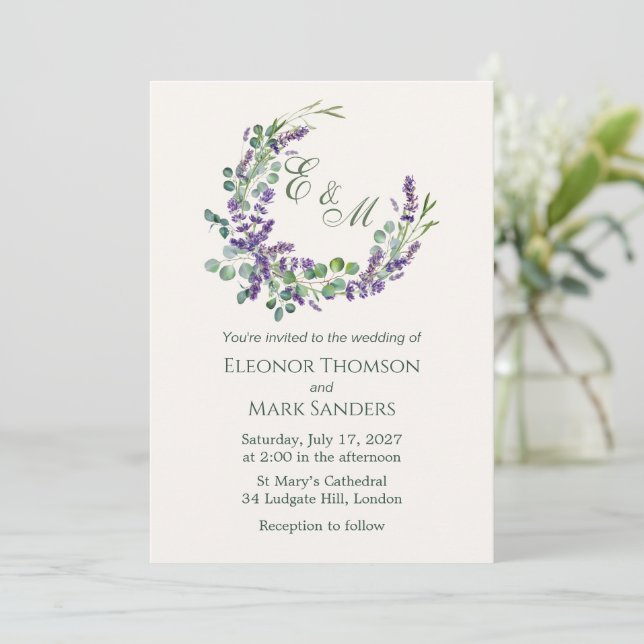 Invitación Boda de las flores de lavanda del follaje Eucalypt (Anverso de pie)