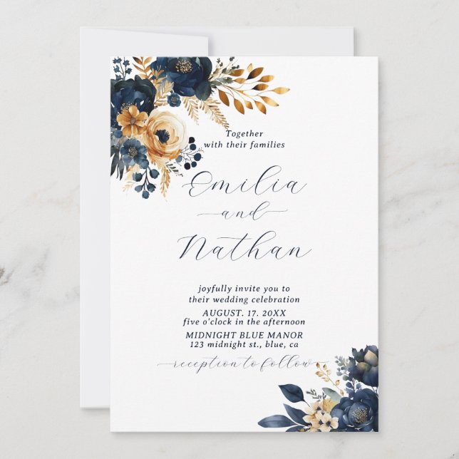 Invitación Boda de las flores de oro y azul de medianoche (Anverso)