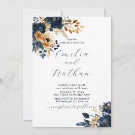 Invitación Boda de las flores de oro y azul de medianoche