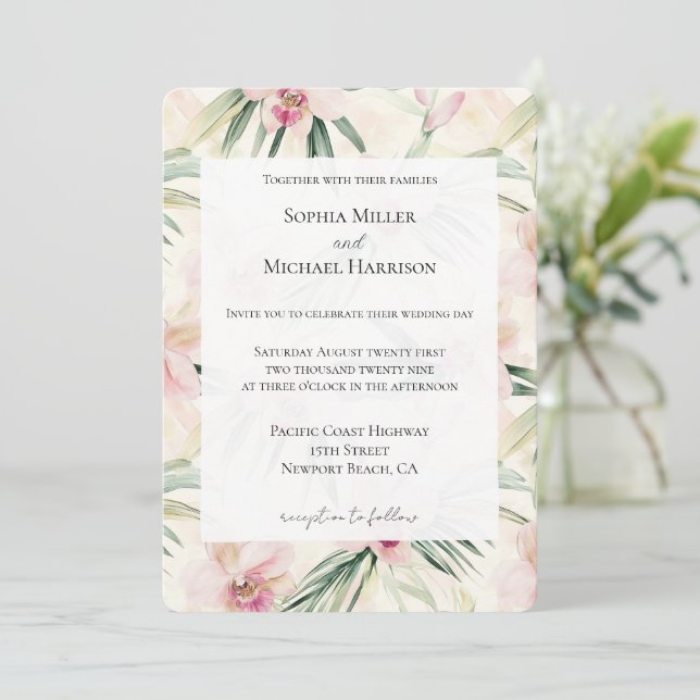 Invitación Boda de las flores de orquídeas tropicales rosadas (Anverso de pie)