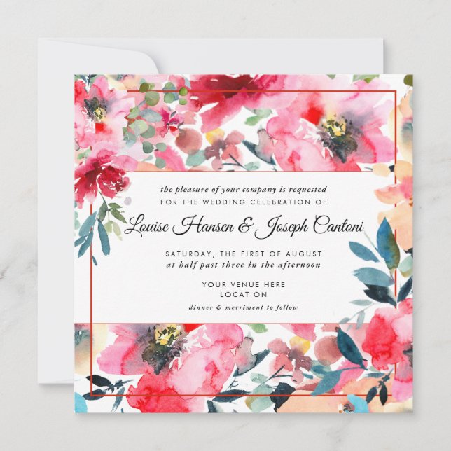 Invitación Boda de las flores de primavera de acuarela (Anverso)