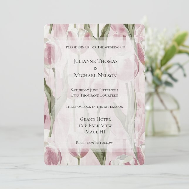 Invitación Boda de las flores de tulipano blanco rosado de mo (Anverso de pie)