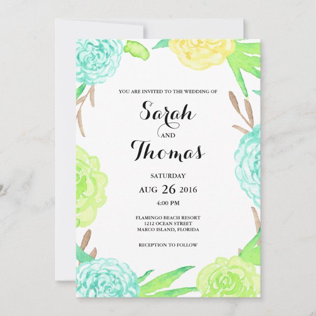 Invitación Boda de las flores de verano acuarelas (Anverso)
