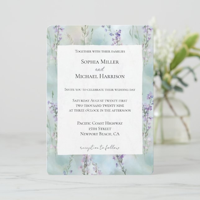 Invitación Boda de las flores púrpura de la Bonito romántica (Anverso de pie)