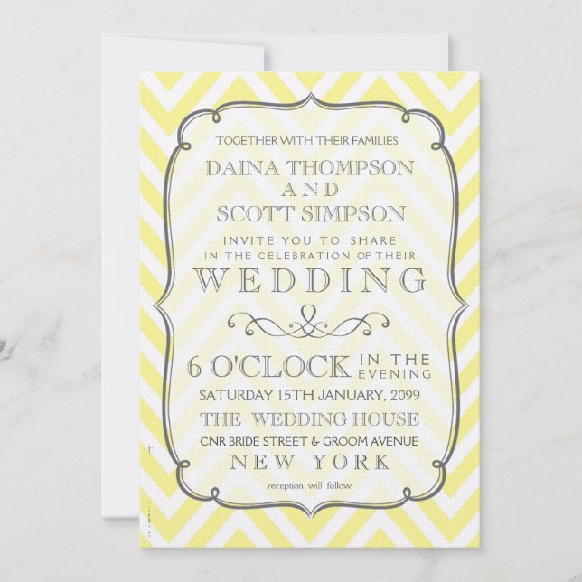 Invitación Boda de las franjas de Chevron amarillas de manteq (Anverso)