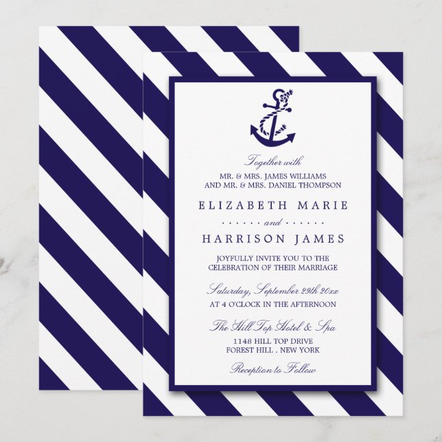 Invitación Boda de las franjas náuticas y de los anclas azule (Anverso / Reverso)