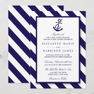 Invitación Boda de las franjas náuticas y de los anclas azule