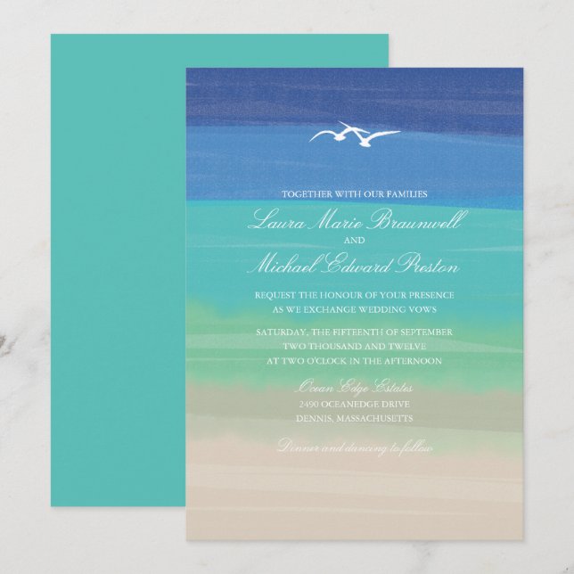 Invitación Boda de las gaviotas marinas de arena pintadas (Anverso / Reverso)