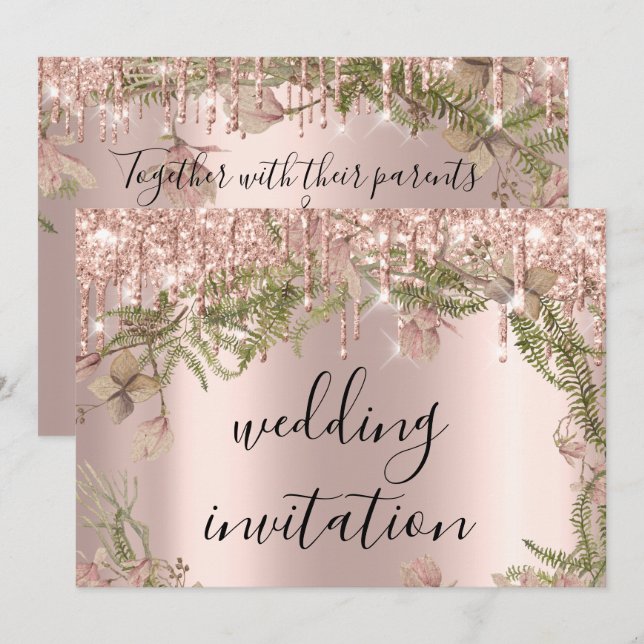 Invitación Boda de las gotas Rosa de novias Florals Mint (Anverso / Reverso)