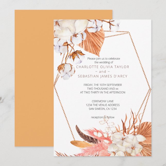 Invitación Boda de las hojas de flores de Boho de invierno (Anverso / Reverso)