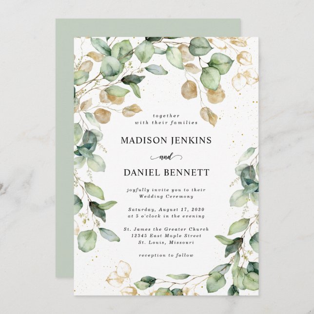 Invitación Boda de las hojas de oro de Eucalyptus (Anverso / Reverso)