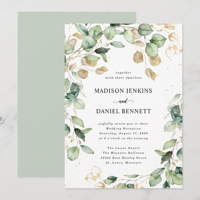 Invitación Boda de las hojas de oro de Eucalyptus (Anverso / Reverso)