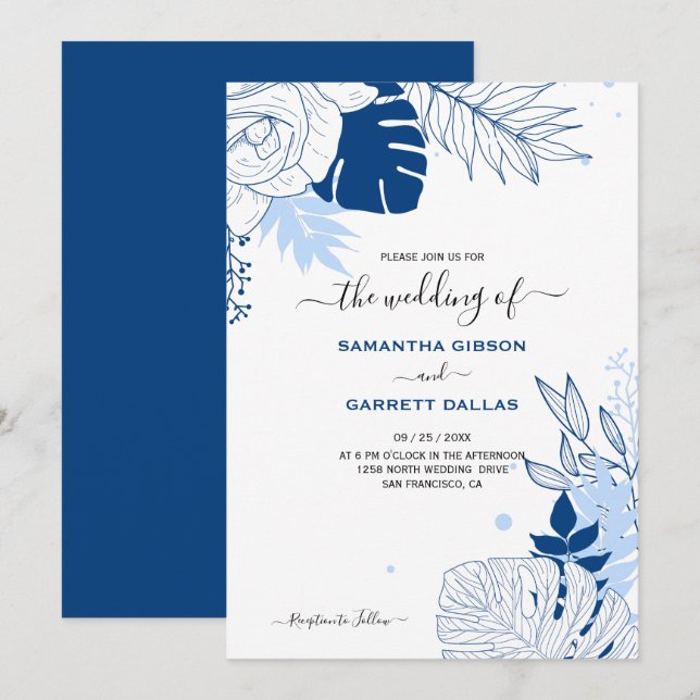 Invitación Boda De Las Hojas Tropicales Azul Y Blanca (Anverso / Reverso)