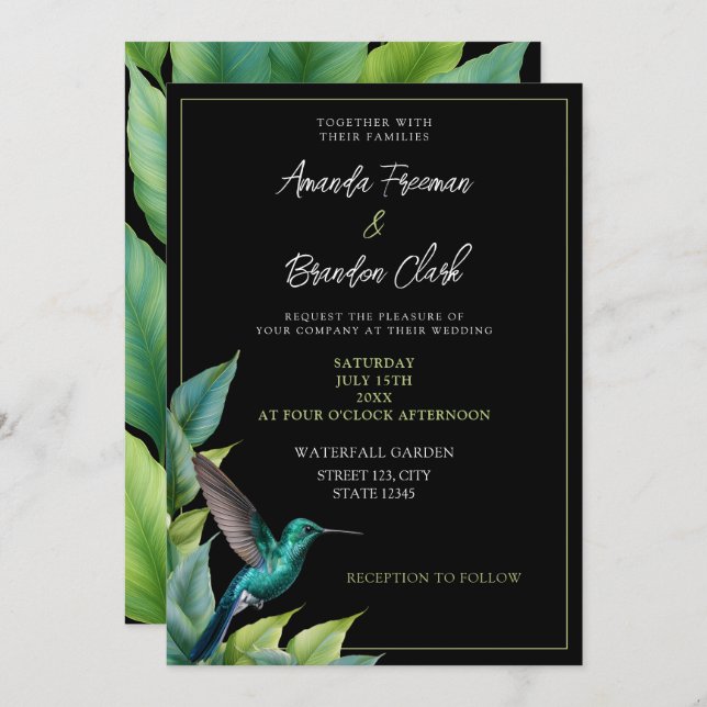 Invitación Boda de las hojas tropicales de Emerald Hummingbir (Anverso / Reverso)