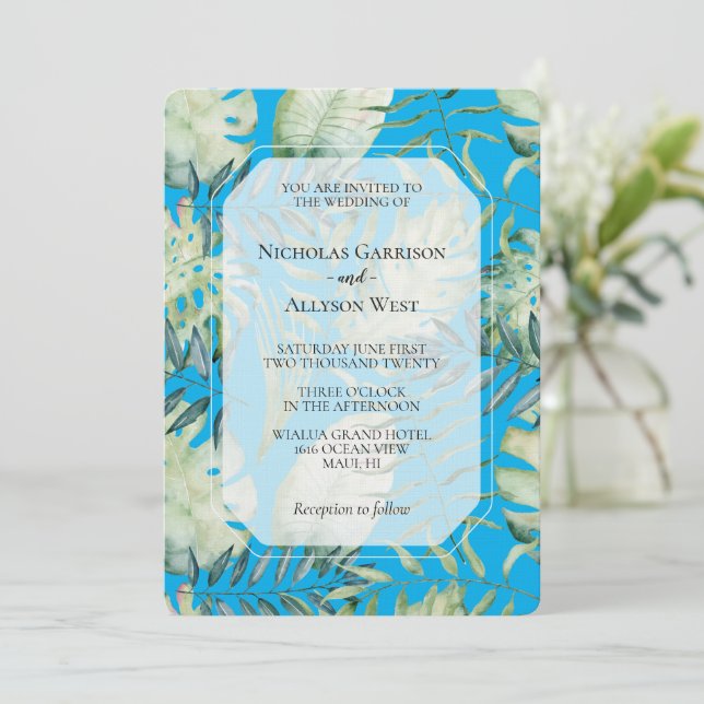Invitación Boda de las hojas verdes tropicales Aqua Blue (Anverso de pie)