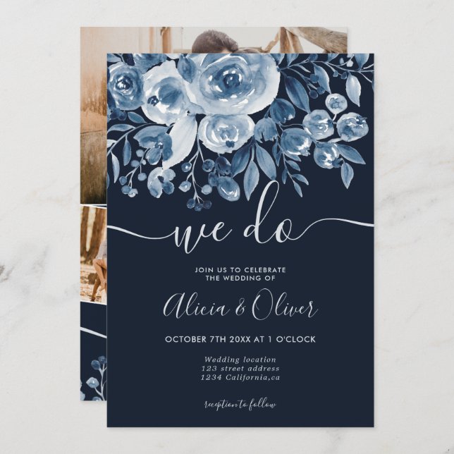 Invitación Boda de las iniciales de la foto floral azul marin (Anverso / Reverso)