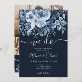 Invitación Boda de las iniciales de la foto floral azul marin
