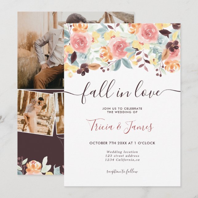 Invitación Boda de las iniciales de la foto rústica con flore (Anverso / Reverso)