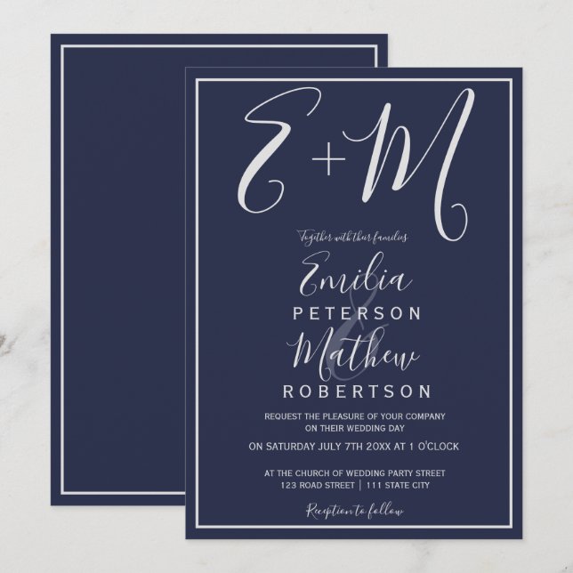 Invitación boda de las iniciales de la tipografía azul marino (Anverso / Reverso)
