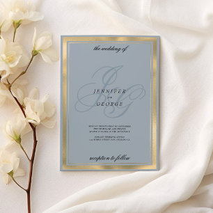 Invitación Boda de las iniciales de los monogramas de oro azu