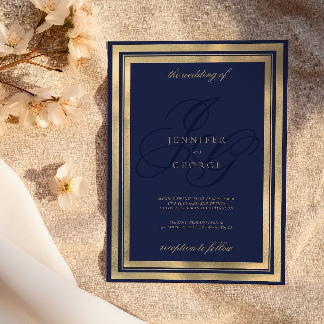 Invitación Boda de las iniciales de monograma azul marino de  (Geometric gold navy blue monogram initals wedding)