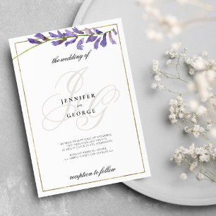 Invitación Boda de las iniciales de un monograma floral morad