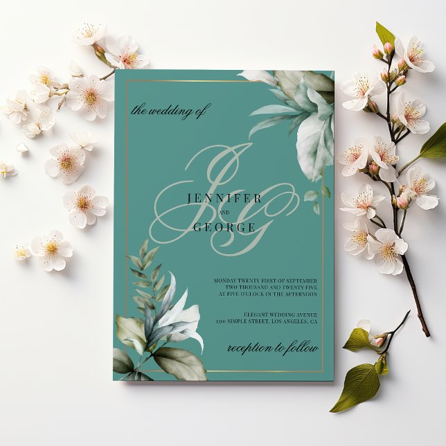 Invitación Boda de las iniciales del monograma de follaje de  (Mauve green gold foliage monogram initials wedding)