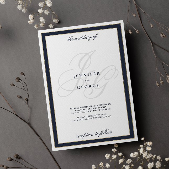 Invitación Boda de las iniciales del monograma de oro blanco  (Navy blue white gold monogram initials wedding)